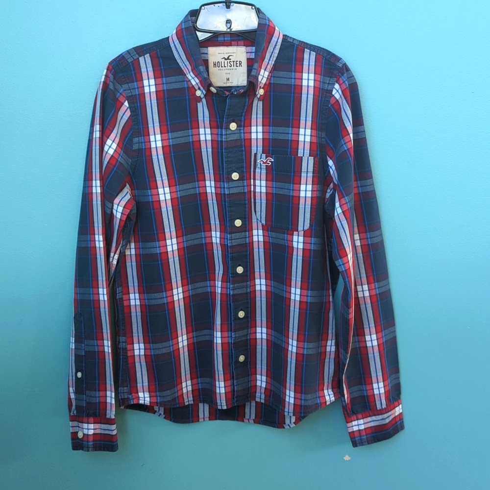 HOLLISTER | Men’s Plaid Button Down Shirt, Red Blue White Long Sleeve, Size M